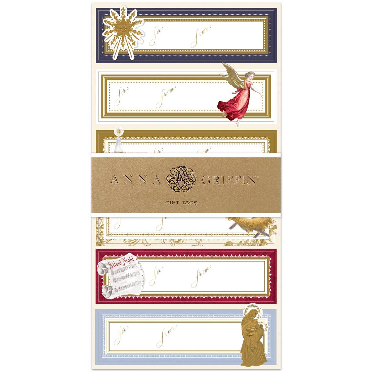 A set of Anna Griffin gift tags with vintage-inspired designs, including gold foil sunbursts, a red angel, and a kraft paper envelope in the center.