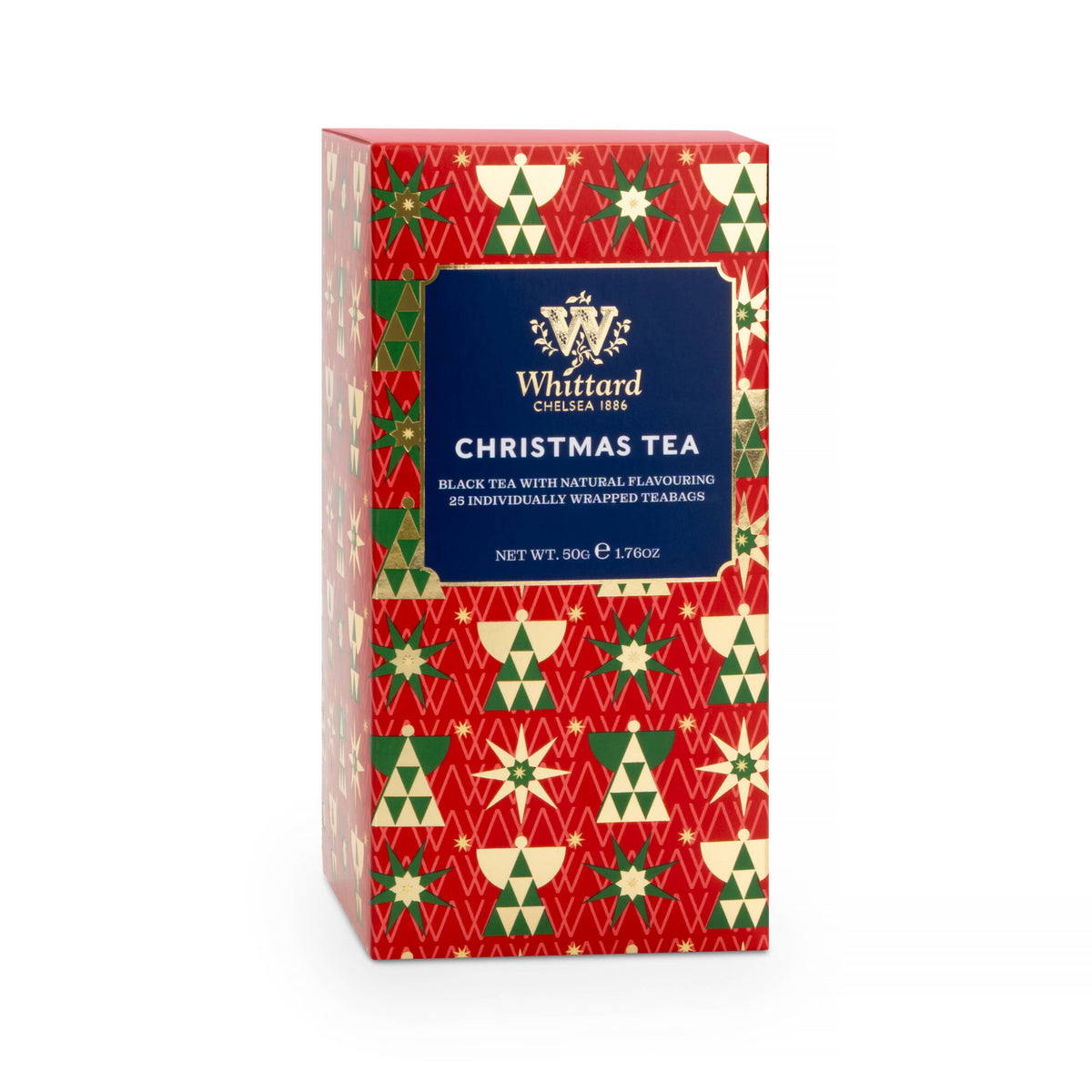 A box of Whittard Christmas Tea on a plain white background. The packaging features a festive red, green, and cream pattern with a dark blue central label displaying the brand name and product type.