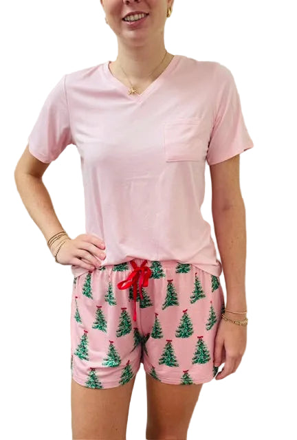 Pink Christmas Pajamas Short Set on a white background.