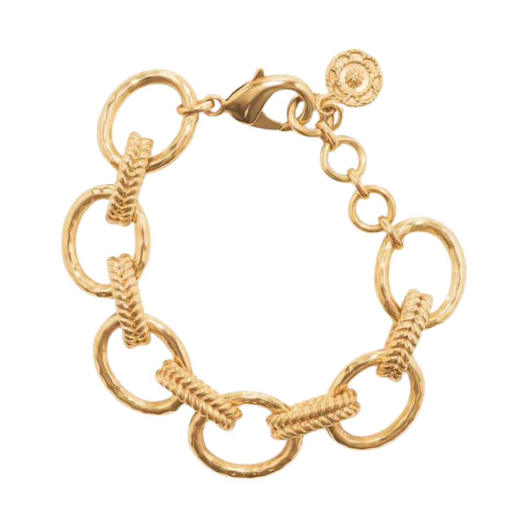 A gold-plated bracelet with hammered linked chains, featuring a clasp closure.