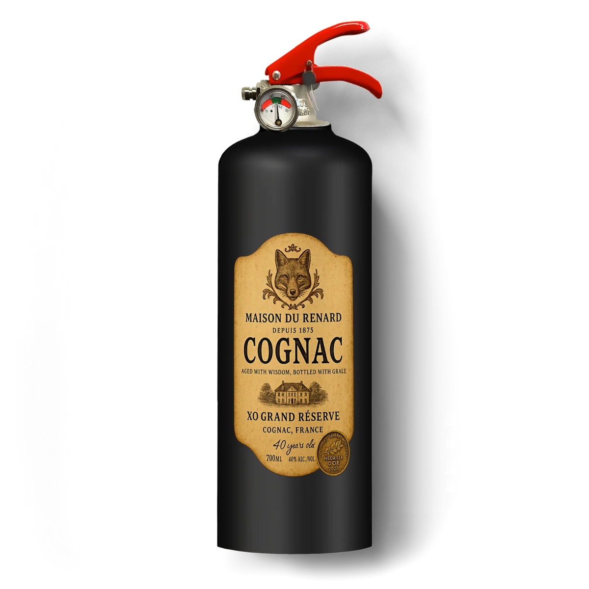 Black fire extinguisher with a Cognac label on a white background
