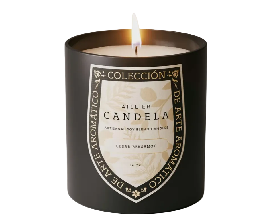A lit black scented candle in a matte black jar with a cream and gold shield-shaped label reading 'Coleccion Atelier Candelas' and 'Cedar Bergamot'.