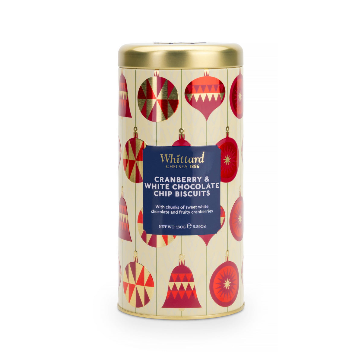 A cylindrical tin of Whittard Collection Cranberry &amp; White Chocolate Chip Biscuits, decorated with a festive pattern of red Christmas ornaments on a cream background with gold vertical stripes, topped with a metallic gold lid.