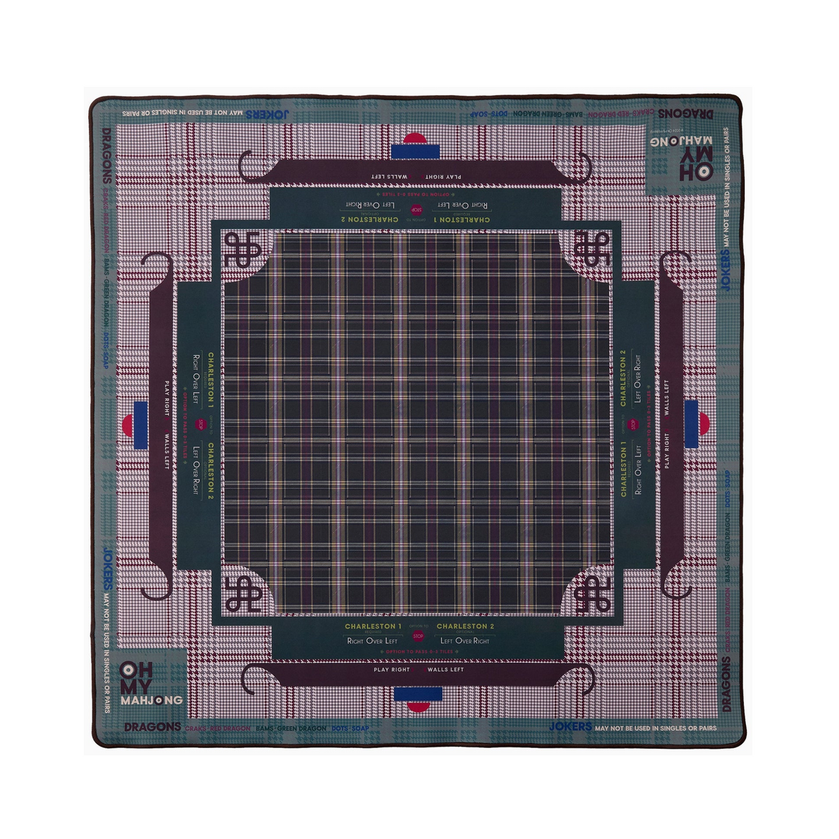 Mahjong mat with grid and player icons on a white background