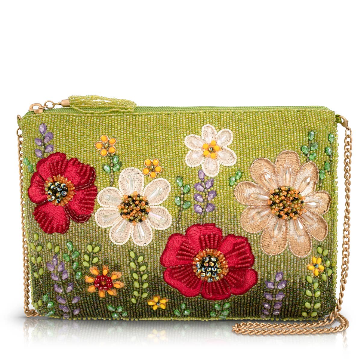 Green handbag with floral embroidery on a white background