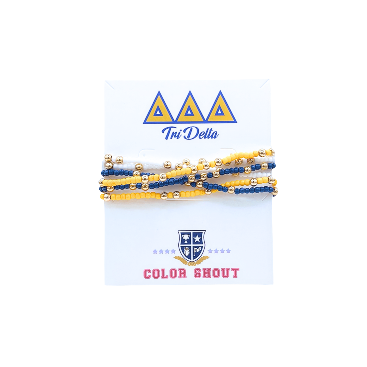 Set of beaded bracelets in blue and yellow with 'Tri Delta' logo on a white card.
