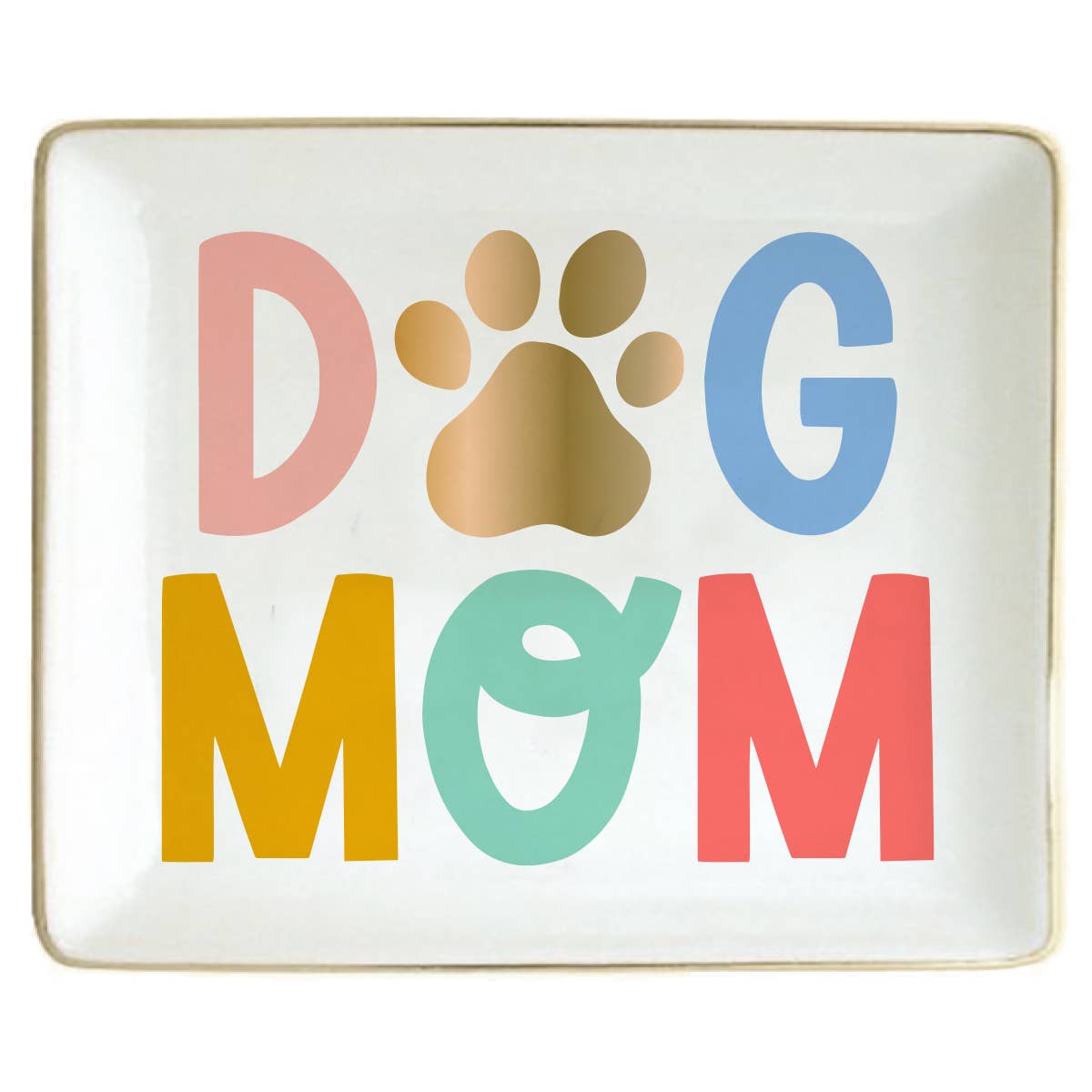Decorative plate with 'DOG MOM' text and a paw print on a white background