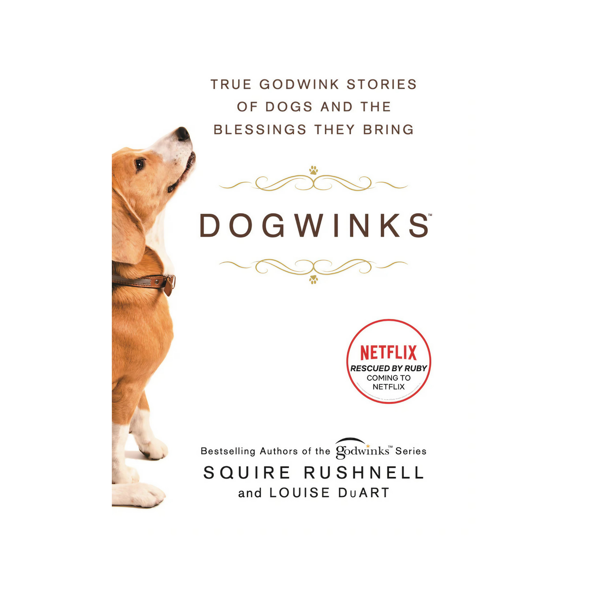 Book cover of 'Dogwinks' with a dog and text about true stories of dogs and Netflix.