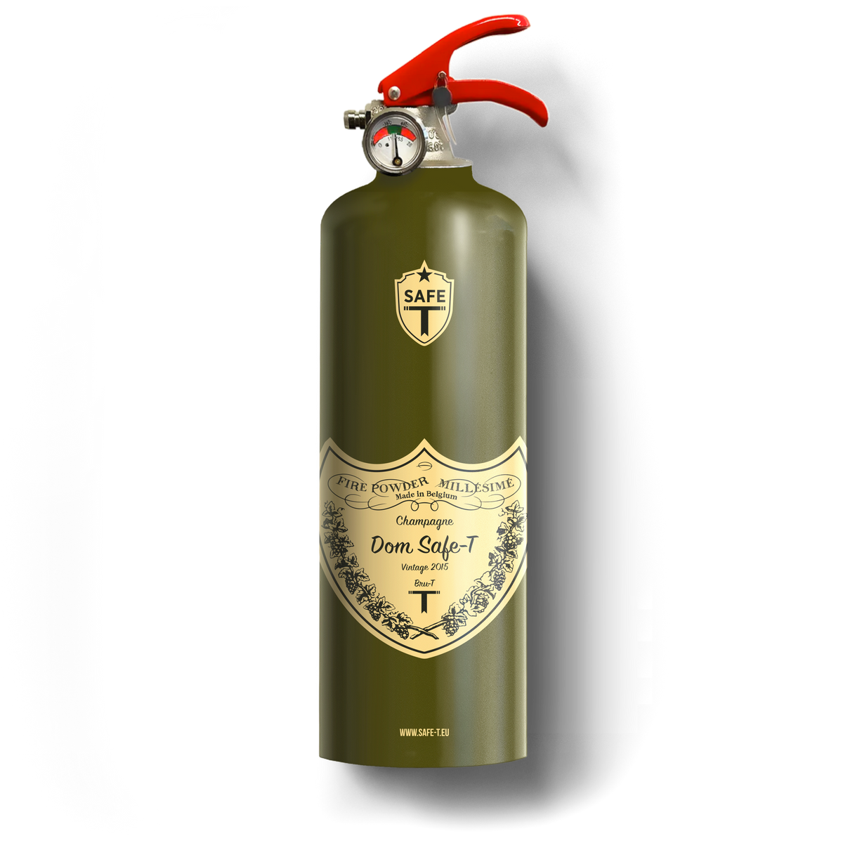 Green fire extinguisher with vintage-style label on a white background