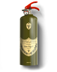 Green fire extinguisher with vintage-style label on a white background