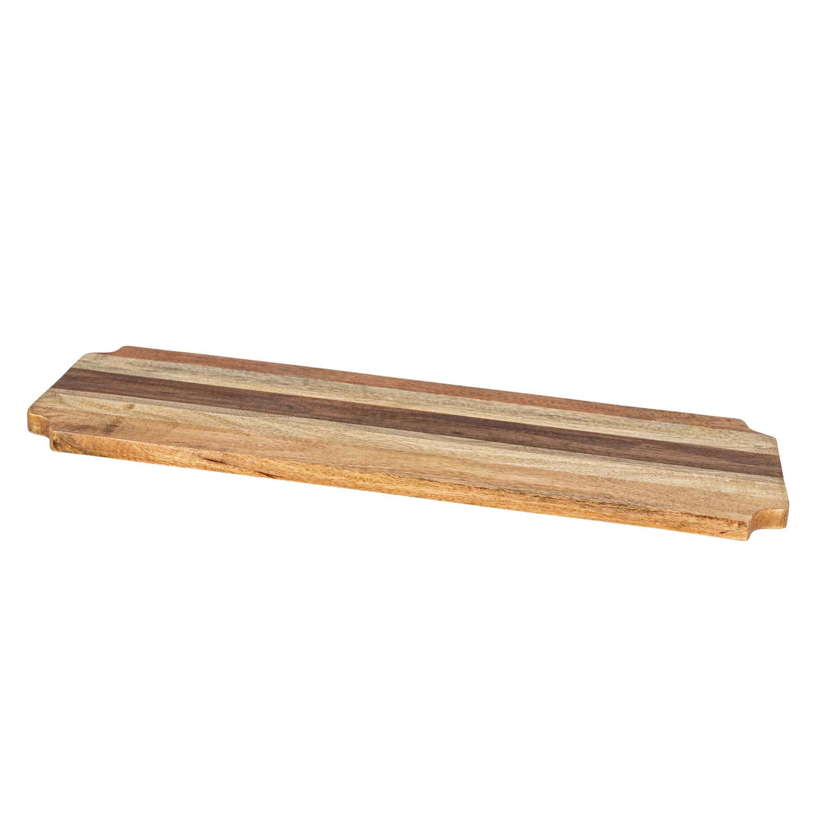 A rectangular charcuterie board made from mango wood with a striped pattern.