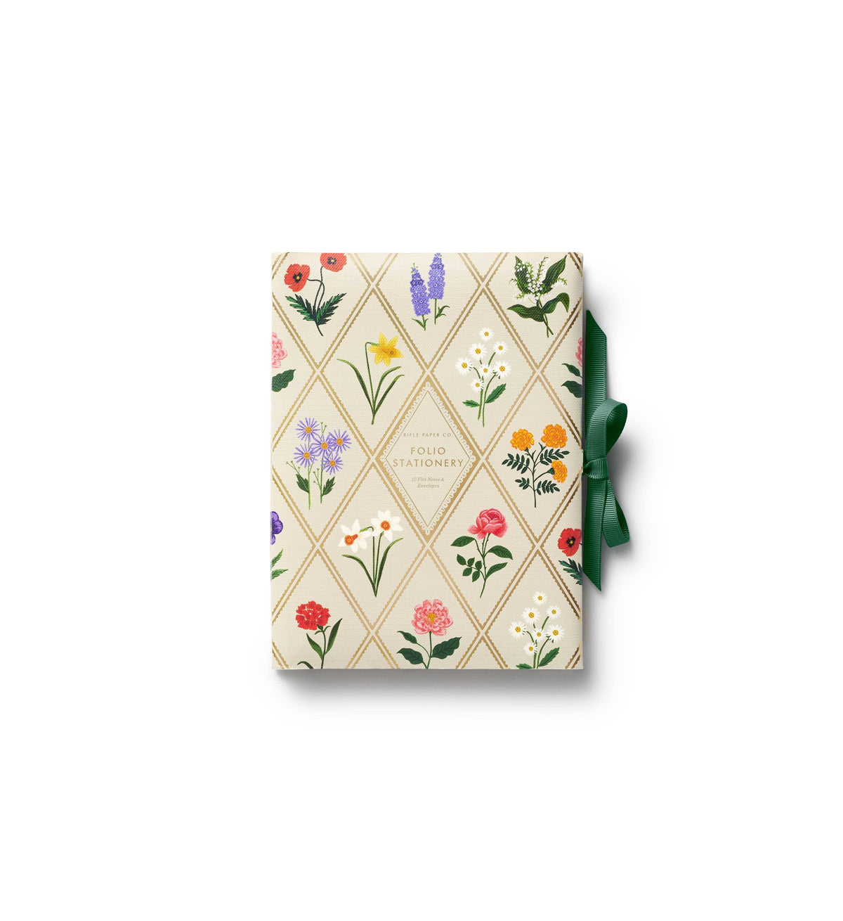 Stationery Gift box with floral design and green ribbon on a white background