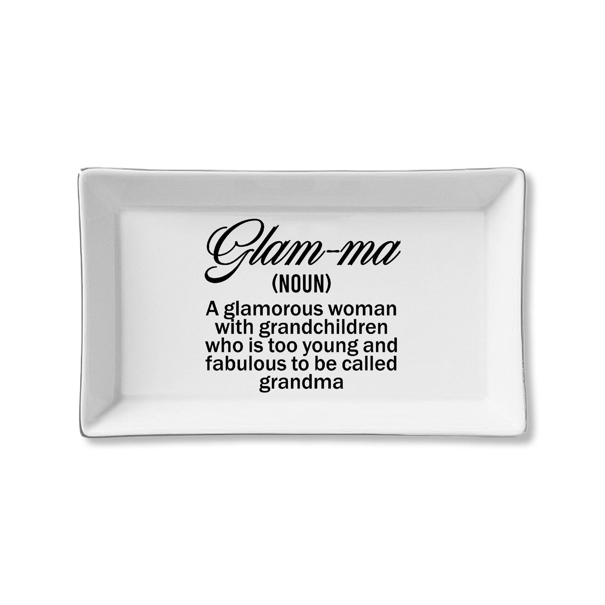 White rectangular tray with black text definition of 'Glam-ma' on a white background
