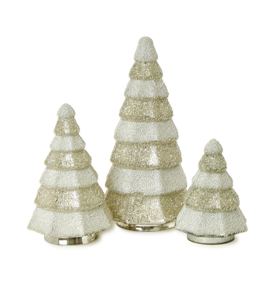 Three glittery Christmas tree decorations on a white background