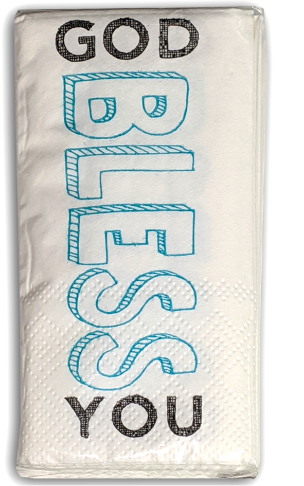 Pack of facial tissues with God Bless You printed on the package