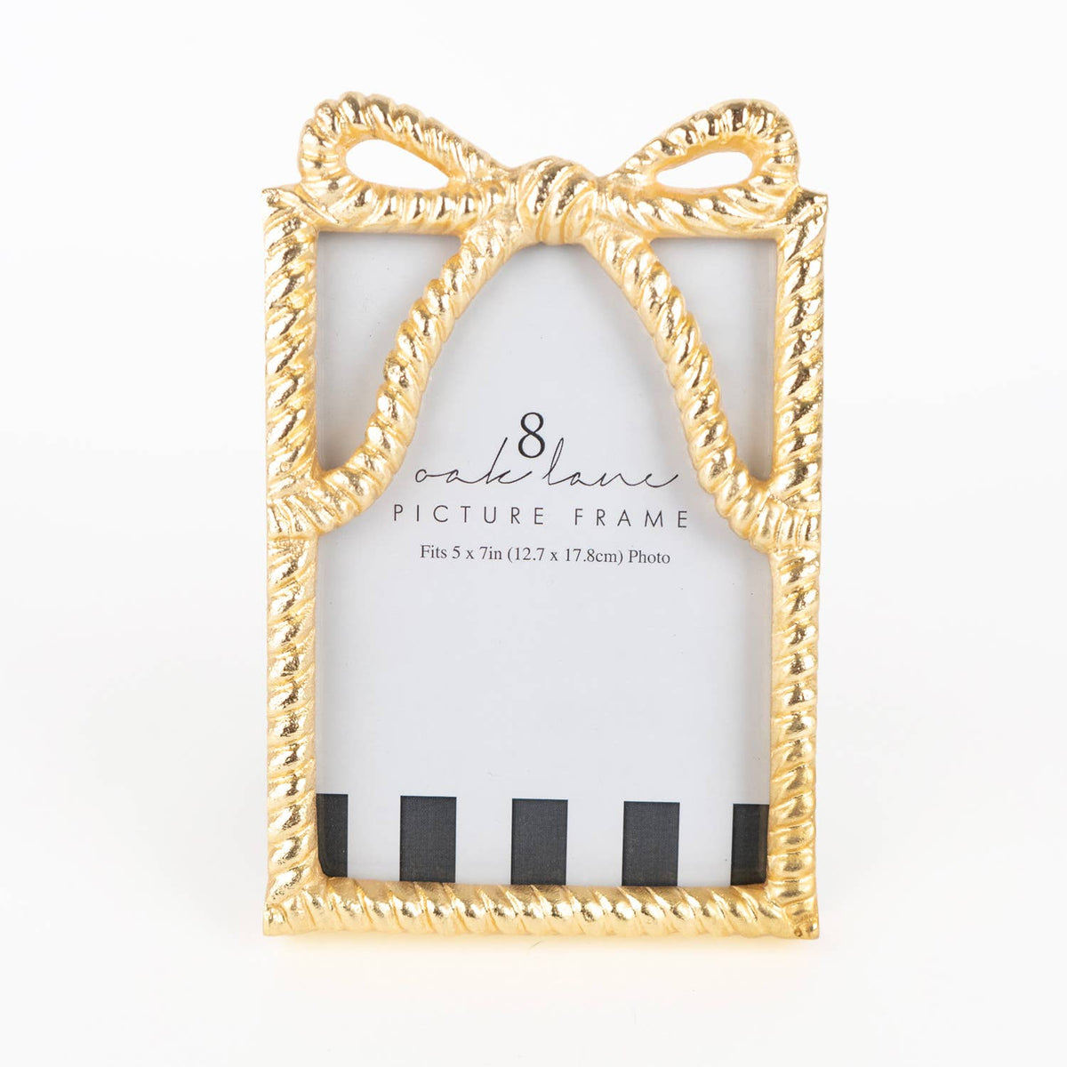 Gold bow-shaped picture frame with '8 Oak lane' branding on a white background