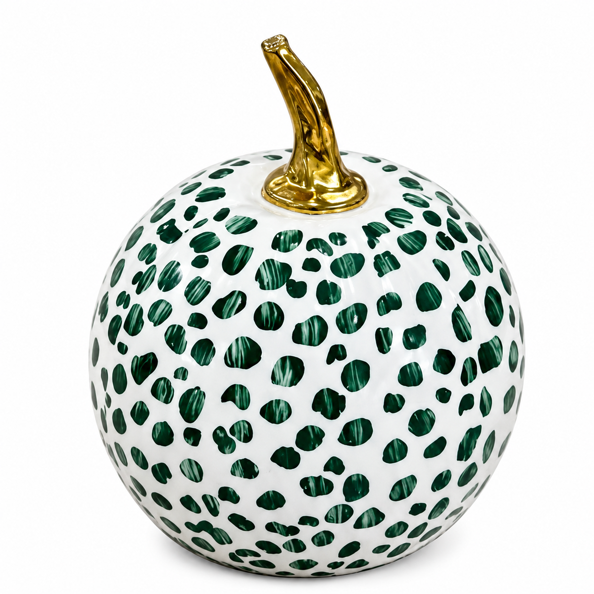 A decorative pumpkin-shaped object with a glossy white surface covered in green spotted pattern and a metallic gold stem, shown on a plain white background.