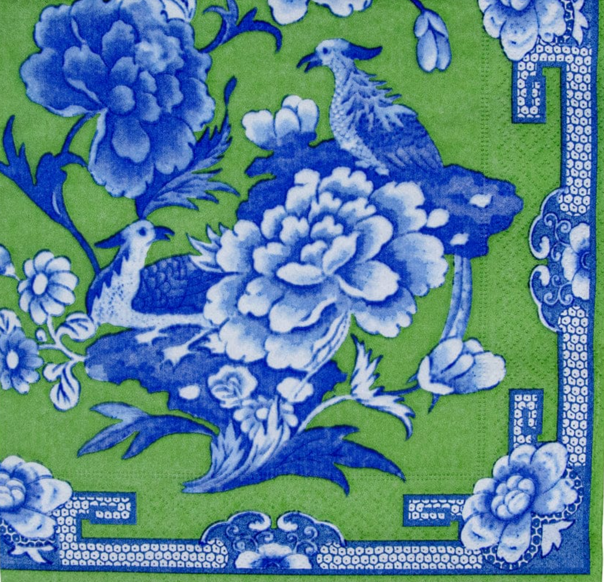 Blue Chinoiserie design on a green background paper dinner napkin