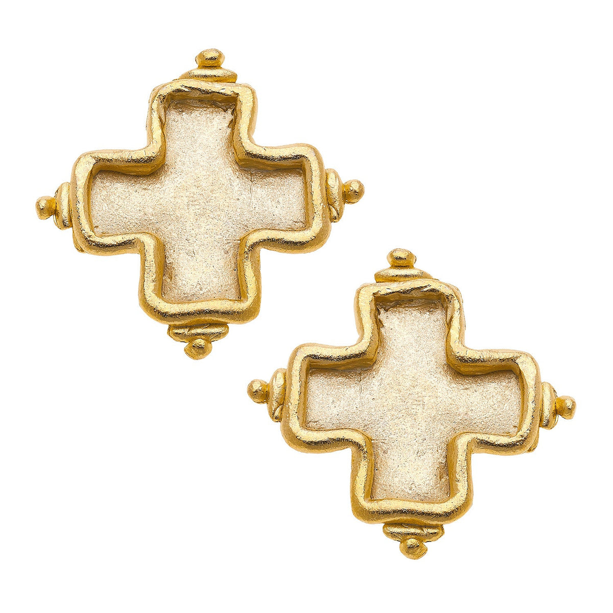 Gold cross-shaped earrings on a white background