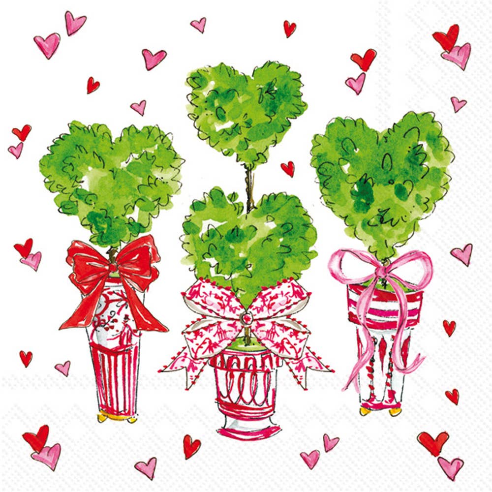 Three heart-shaped plants with colorful ribbons on a white background with heart decorations.