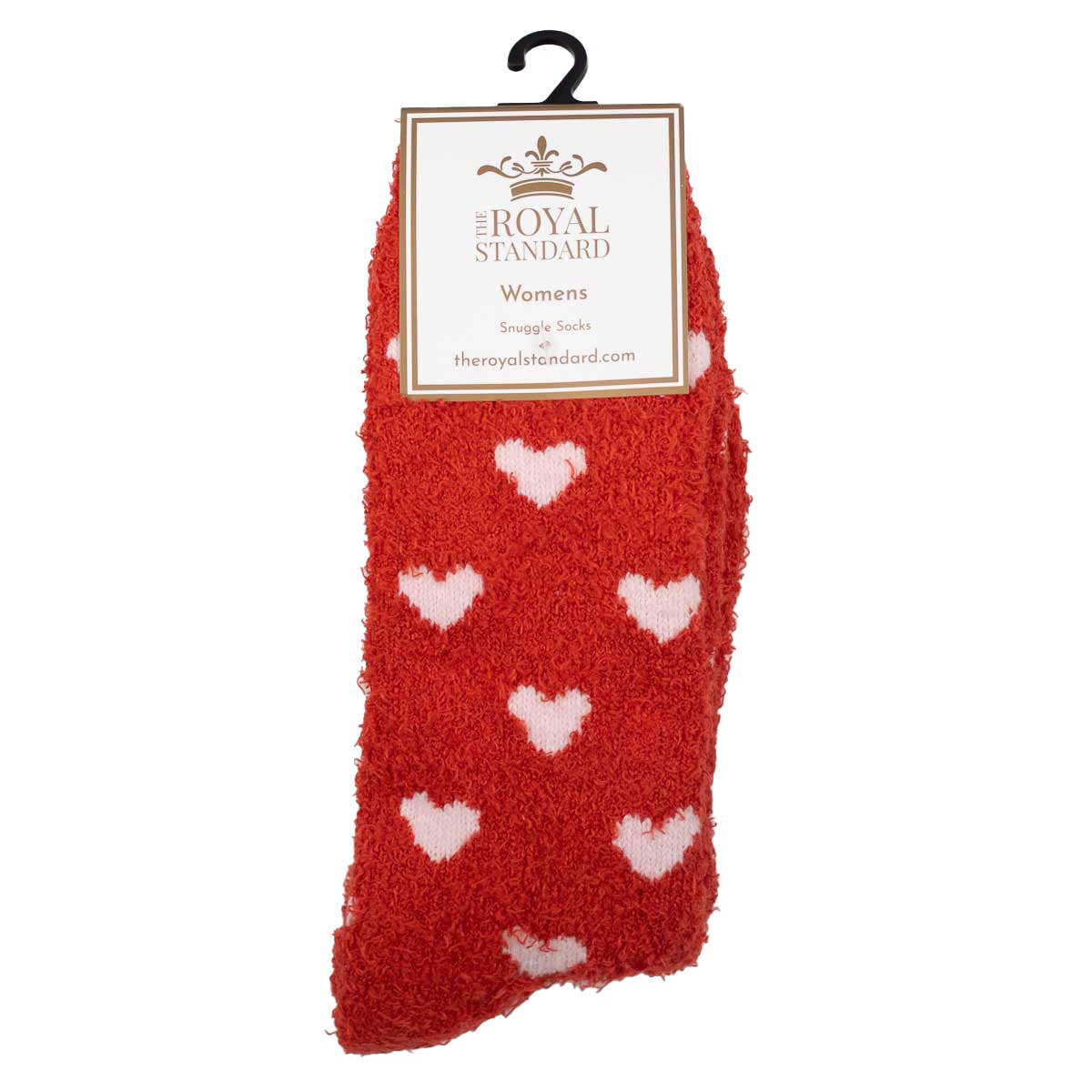 Red socks with white hearts on a white background