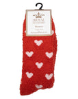 Red socks with white hearts on a white background