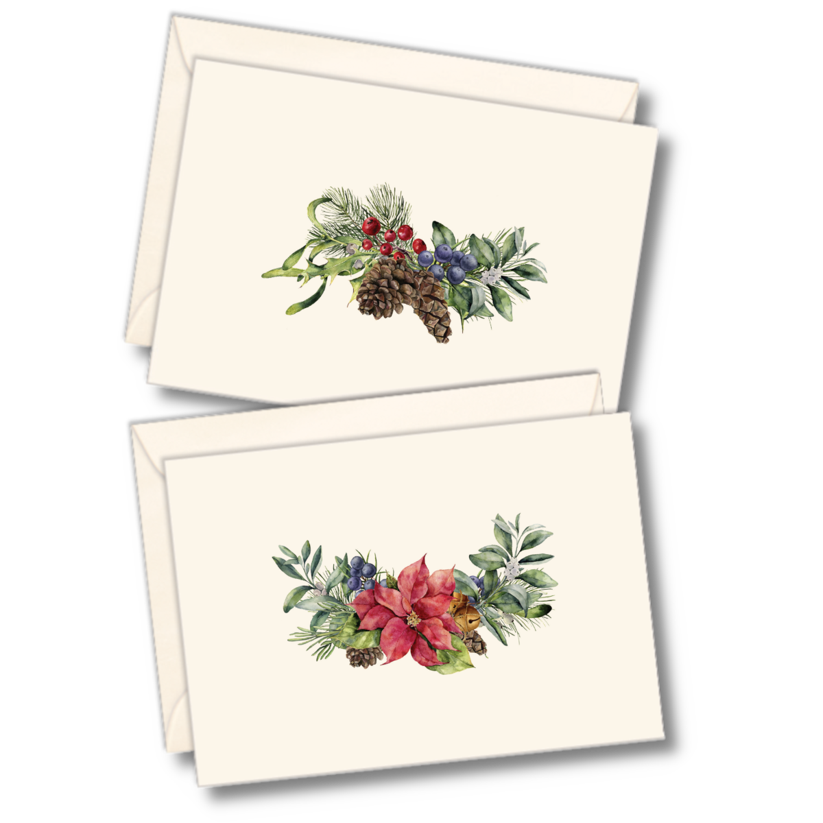 Two cream-colored greeting cards with envelopes, each featuring a watercolor botanical holiday design with green foliage, red berries, pinecones, and a pink poinsettia.