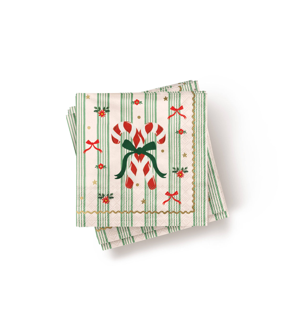 Stack of Christmas-themed napkins with candy canes and bows on a white background