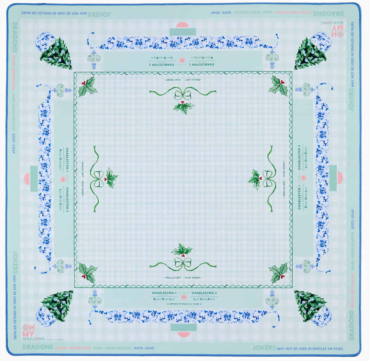 Pale green Mahjong mat with Christmas tree and holly accents