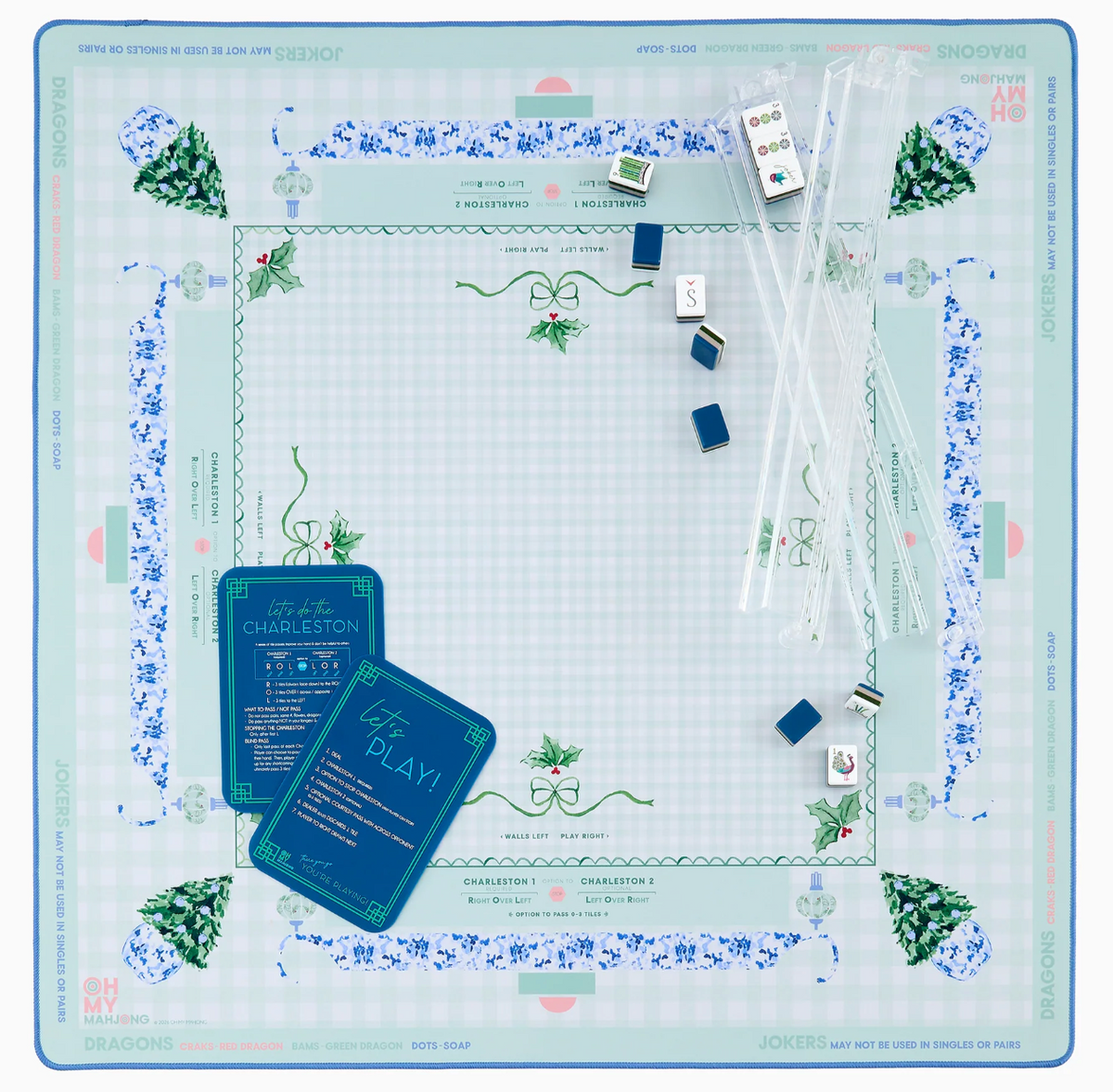 Pale green Mahjong mat paired with other mahjong accessories