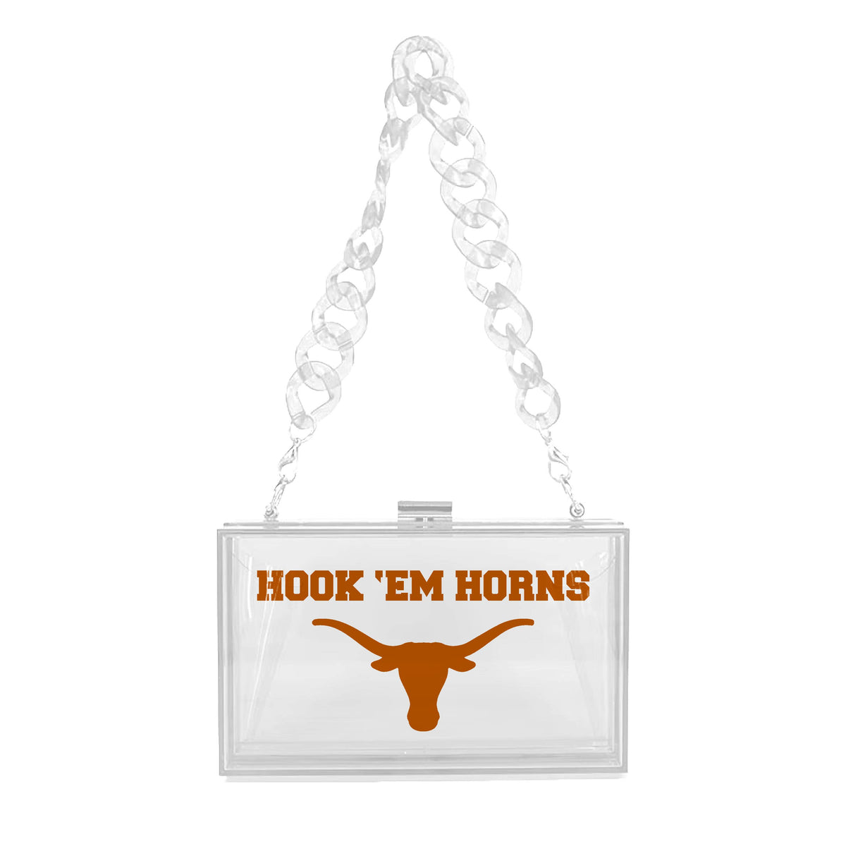 Acrylic Hook Em' Horns Stadium Bag on an acrylic strap.