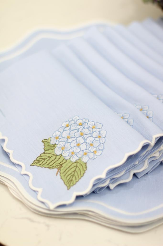 Light Blue Cloth Napkin with white scalloped edge border and floral hydrangea design