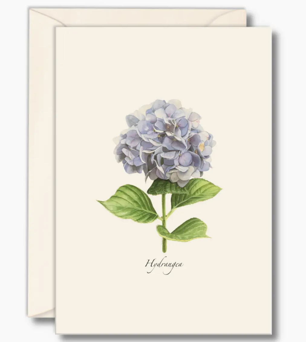 A notecard featuring a hydrangea flower design with a matching envelope, placed behind it.