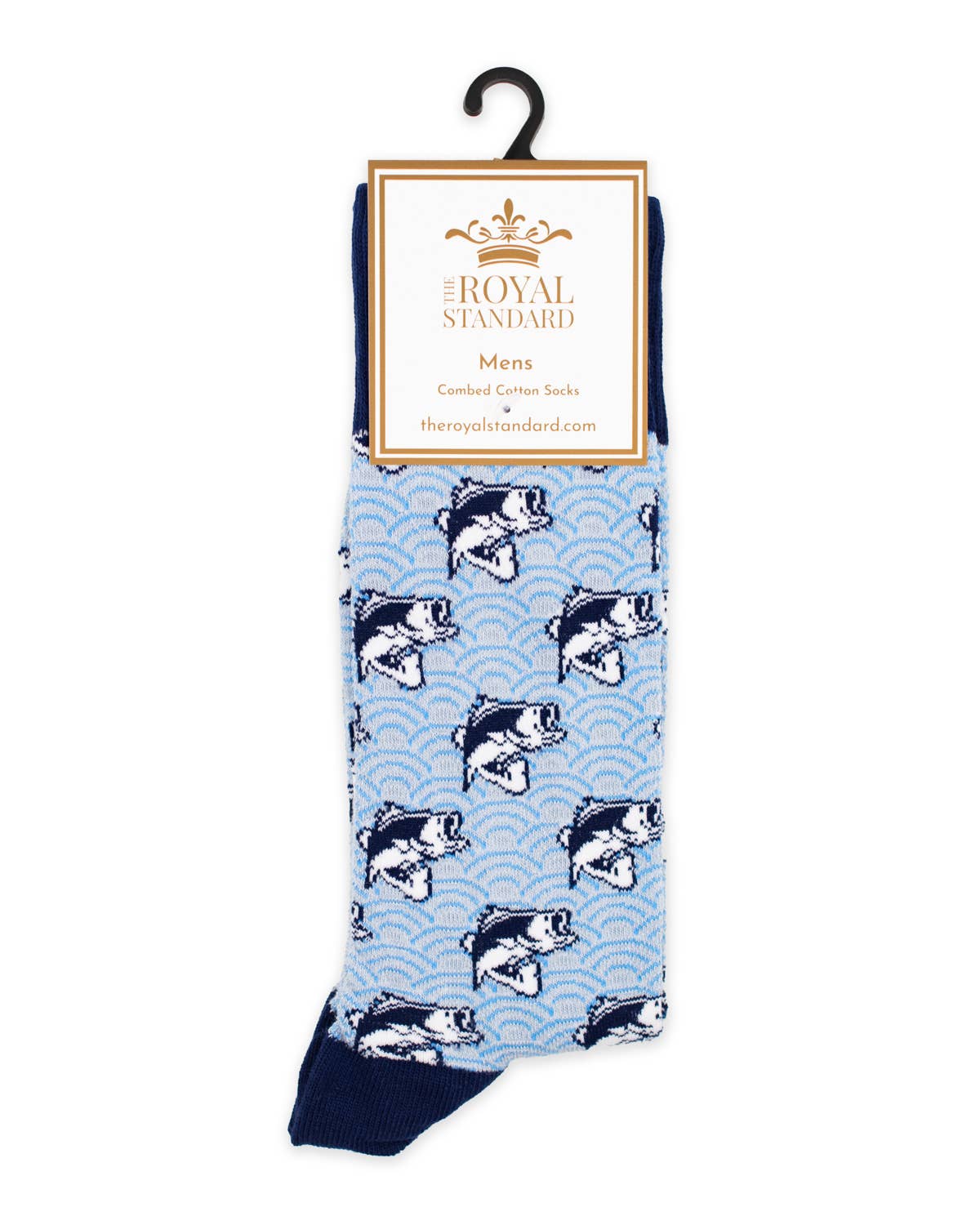 Blue socks with fish pattern on a hanger