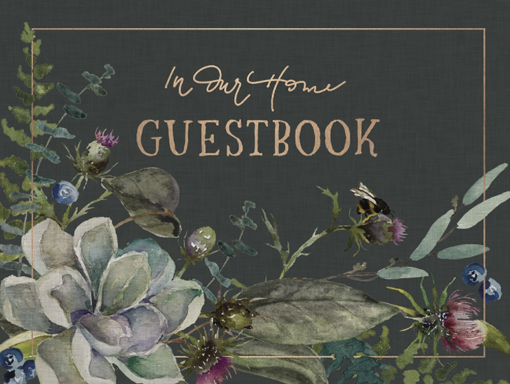 Cover of the 'In Our Home Guestbook' featuring floral artwork and the title text.