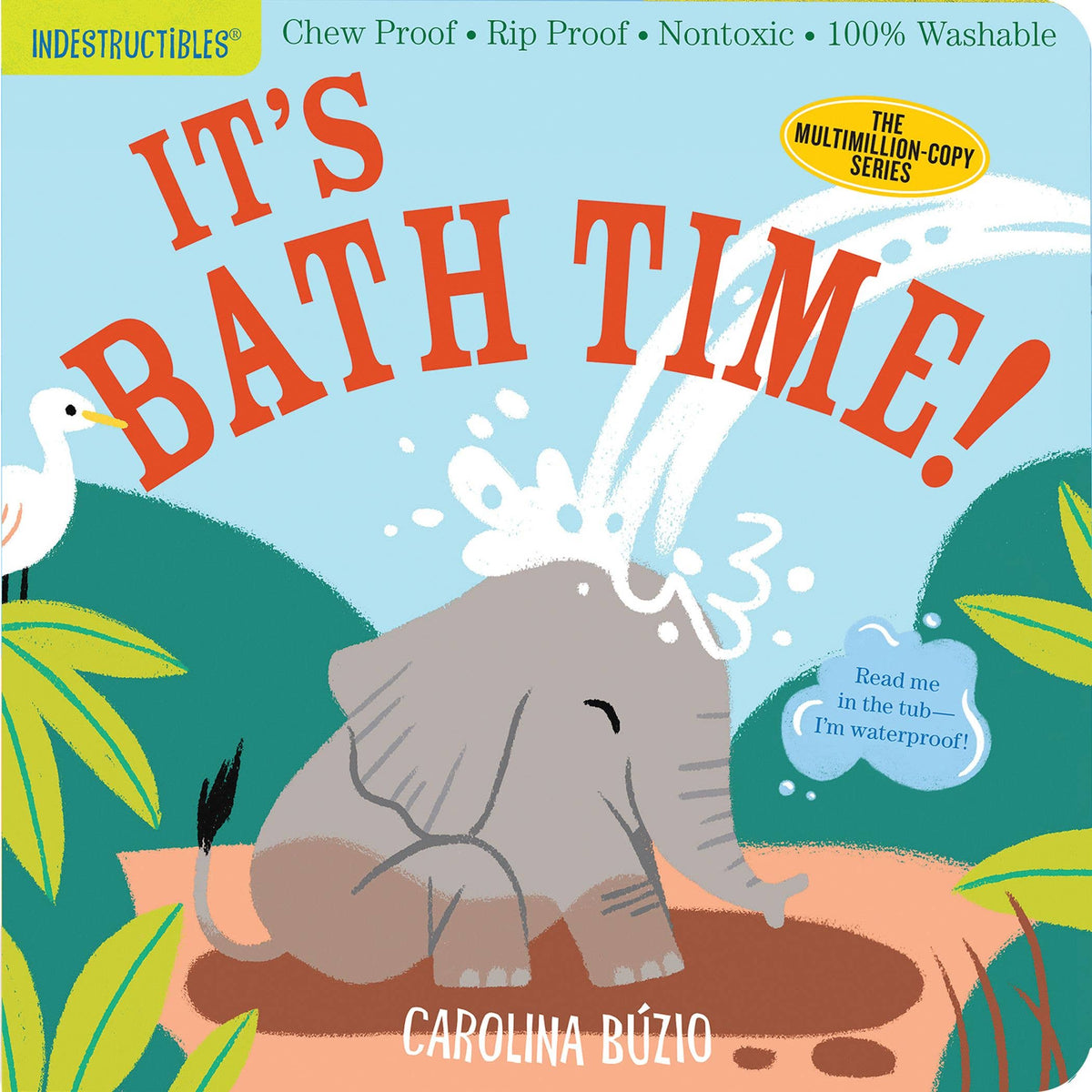 Book cover of 'It's Bath Time!' featuring an elephant and a stork with a jungle background.