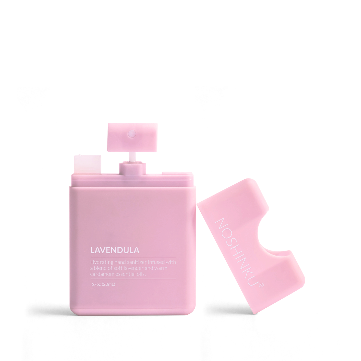 Pink bottle of Lavendula hand sanitizer on a white background