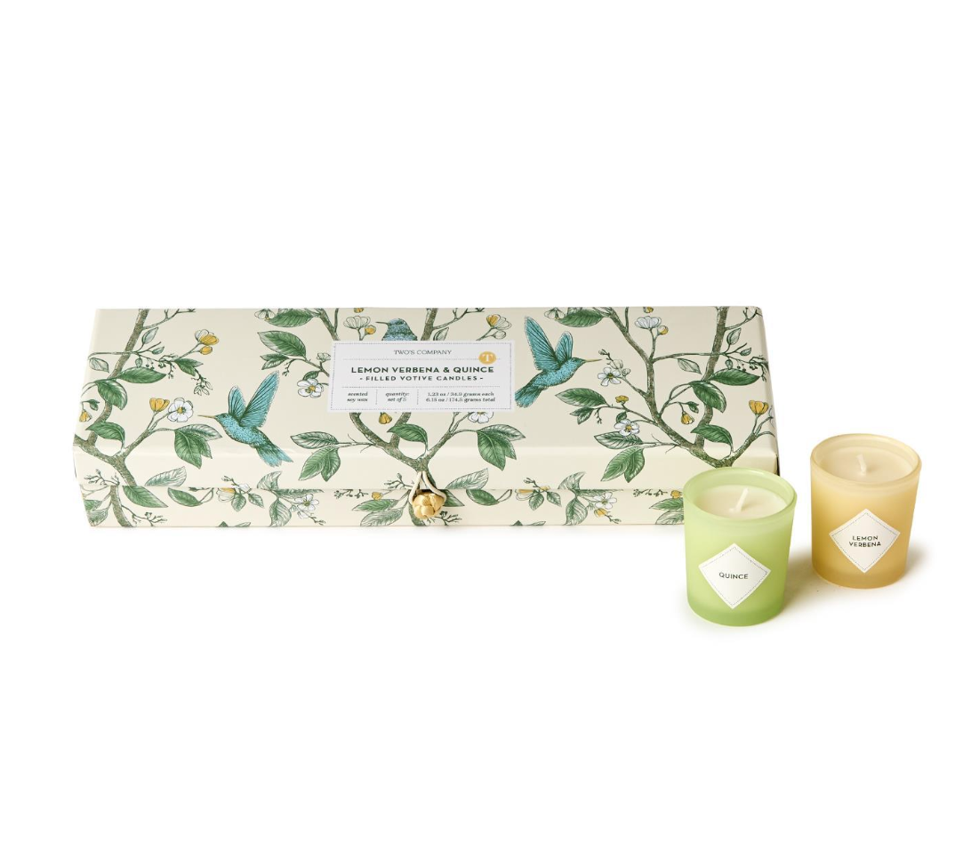 A set of five candles with a floral pattern in a gift box, with the box displaying the fragrance names and candle colors.