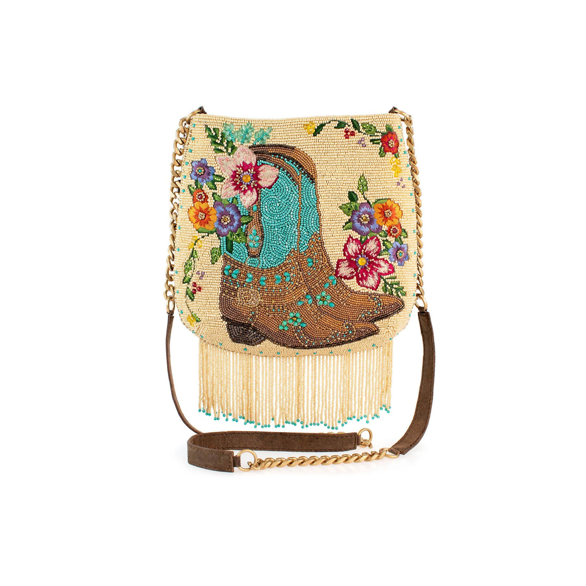 Beaded handbag with a cowboy boot design and floral elements on a white background