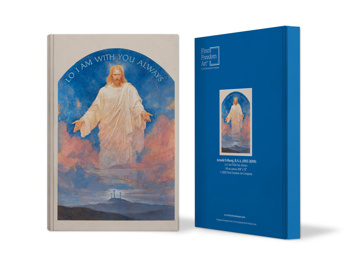 Journal with a religious illustration of Jesus in a white robe against a blue sky, surrounded by clouds.