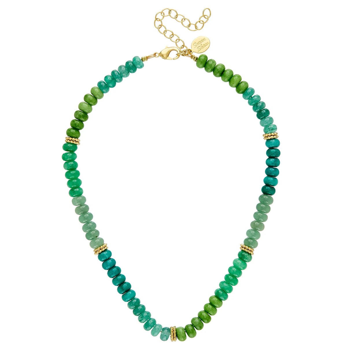 Green beaded necklace with gold accents on a white background