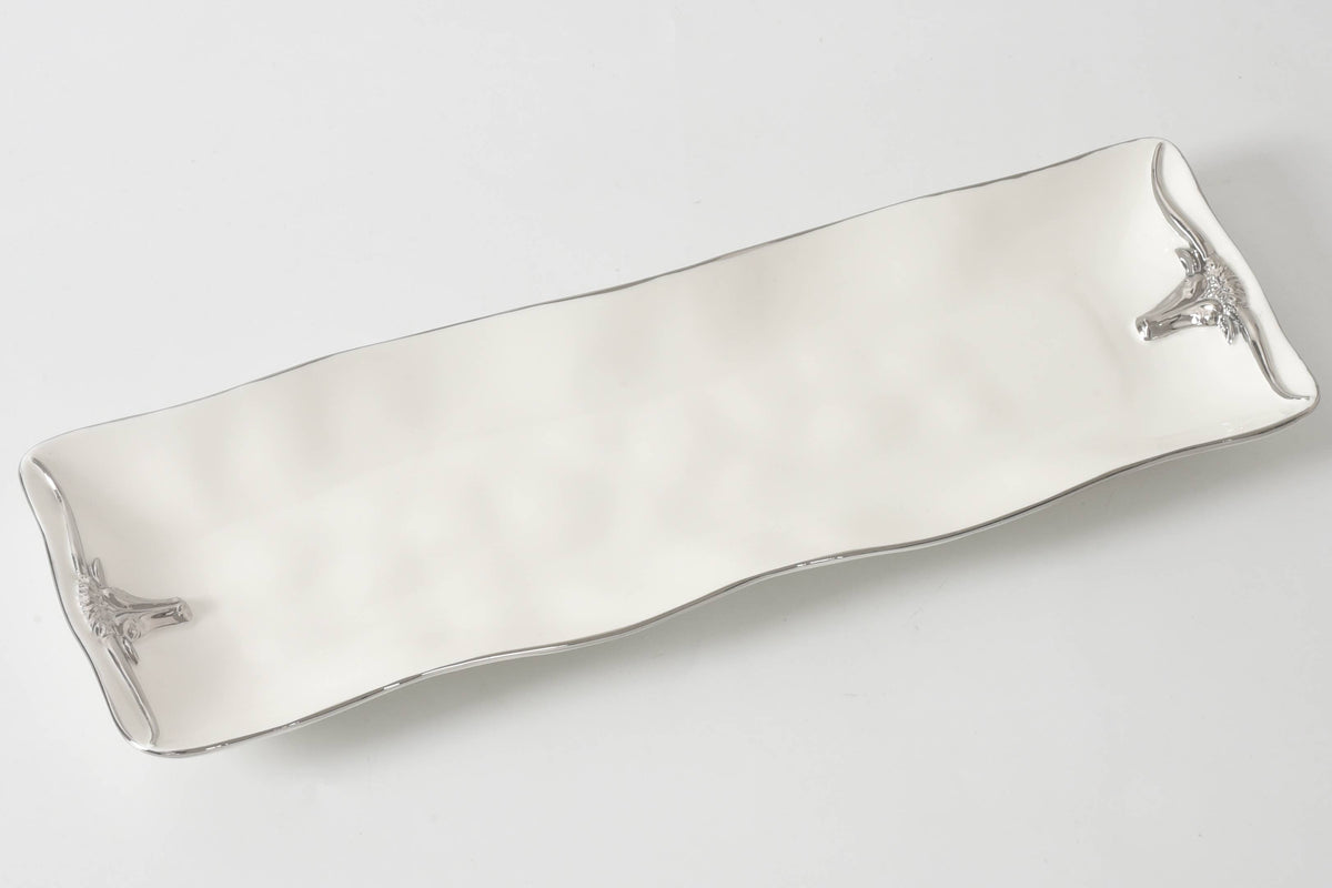 White ceramic tray with silver accents and silver Longhorn details