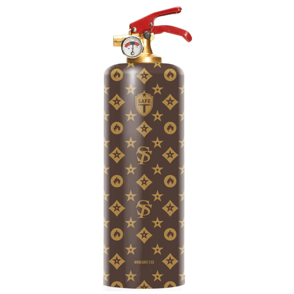 Decorative fire extinguisher with gold star and shield pattern on a brown background