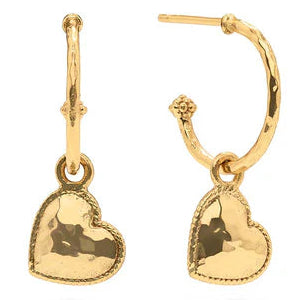 A pair of gold hoop earrings with heart charms, featuring intricate hammered designs and dangling berry accents.