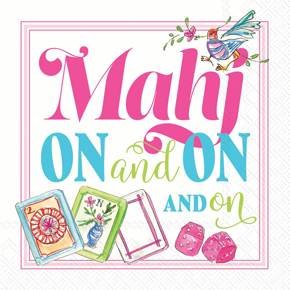 Colorful text 'Mahjong On and On' with game pieces and a bird on a white background