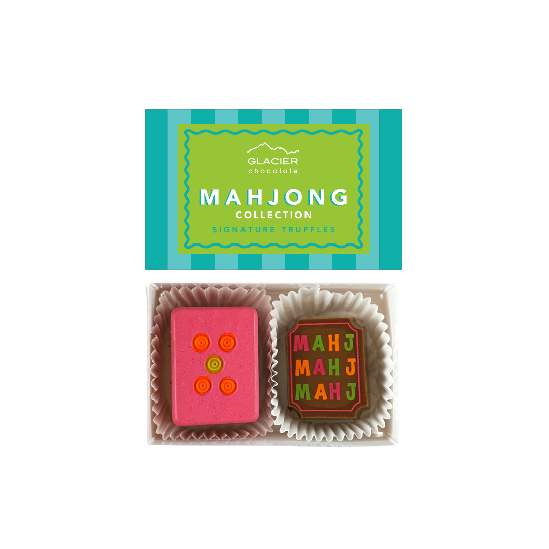 Box of chocolates with 'Mahjong' design and Glacier Chocolate branding.