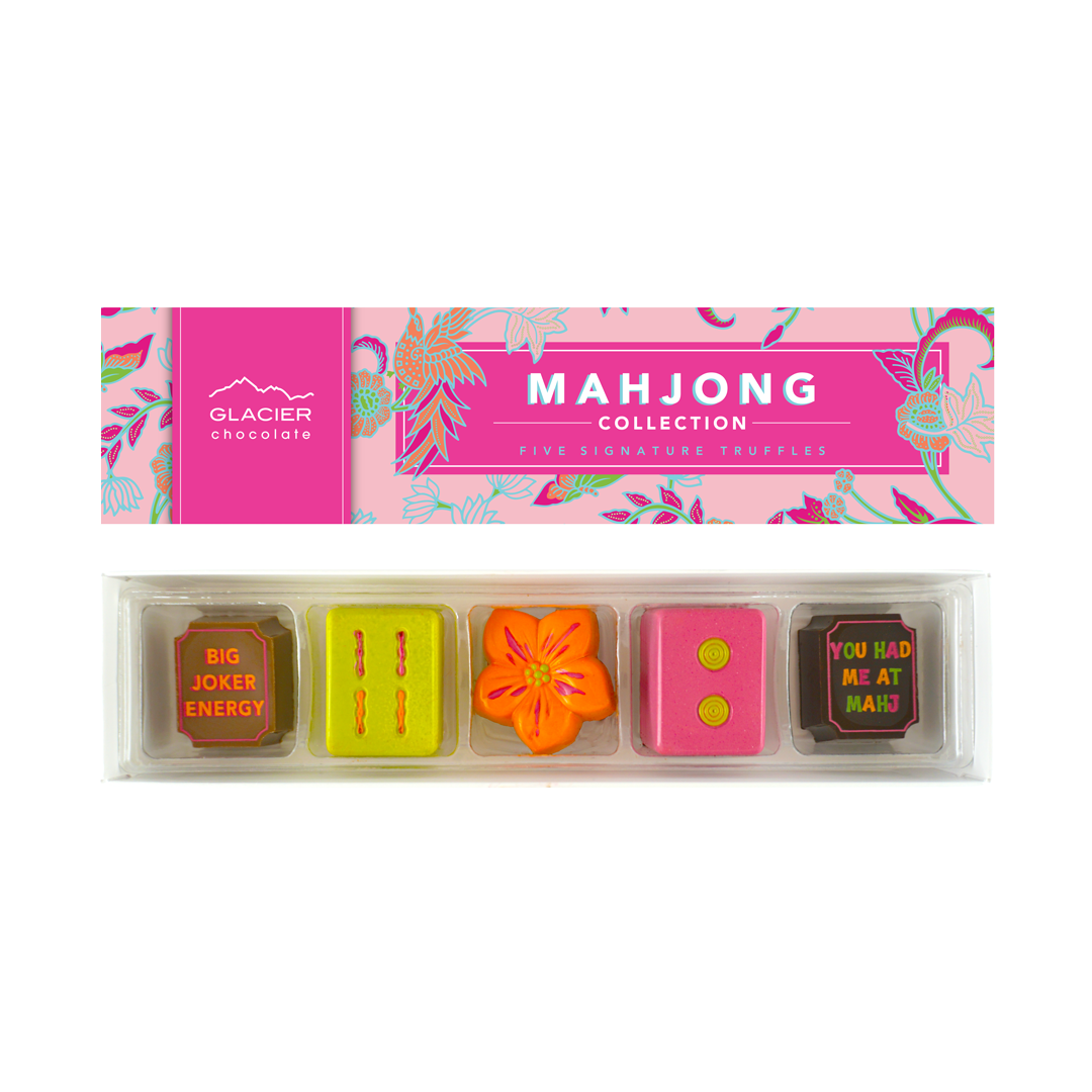 Chocolate pieces with colorful packaging labeled 'Mahjong Collection' by Glacier Chocolate.