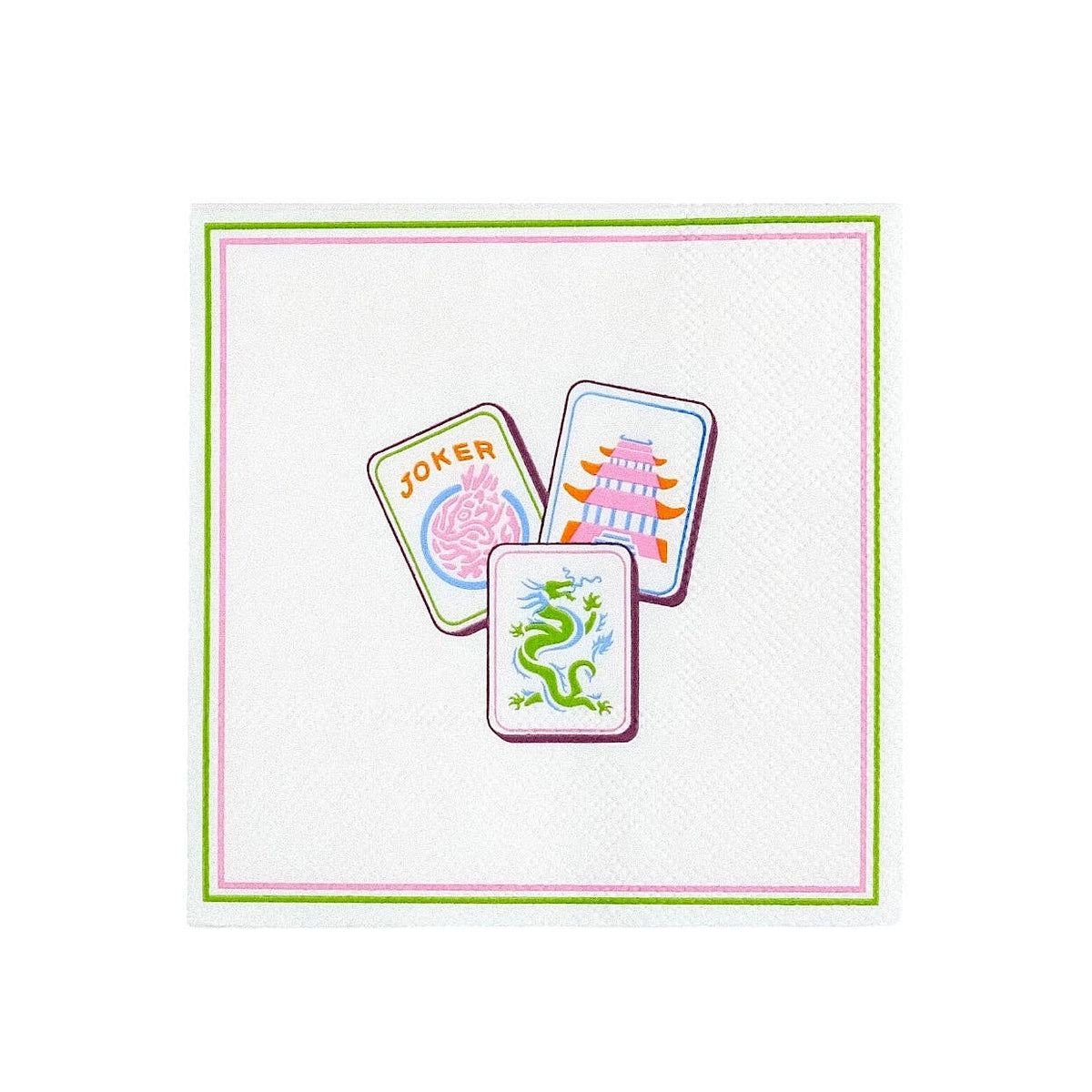 A square white paper napkin featuring a printed border of green and pink, with three illustrated playing card designs (Joker, pagoda, and dragon) centered on it, shown against a plain white background.
