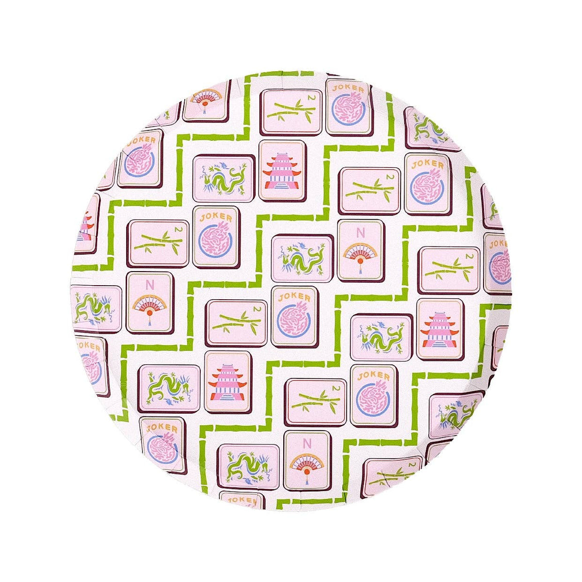 A round decorative plate featuring a Chinese mahjong tile pattern with pink, green, and white tiles on a white background.