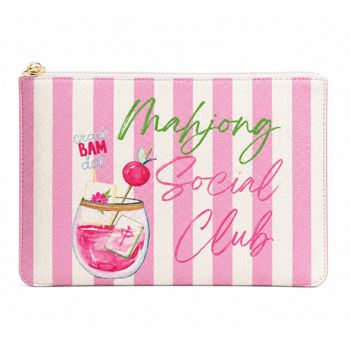 A pink and white striped zippered pouch featuring a colorful graphic of a pink cocktail and the text 'Mahjong Social Club' in green and pink script, with a gold zipper pull.